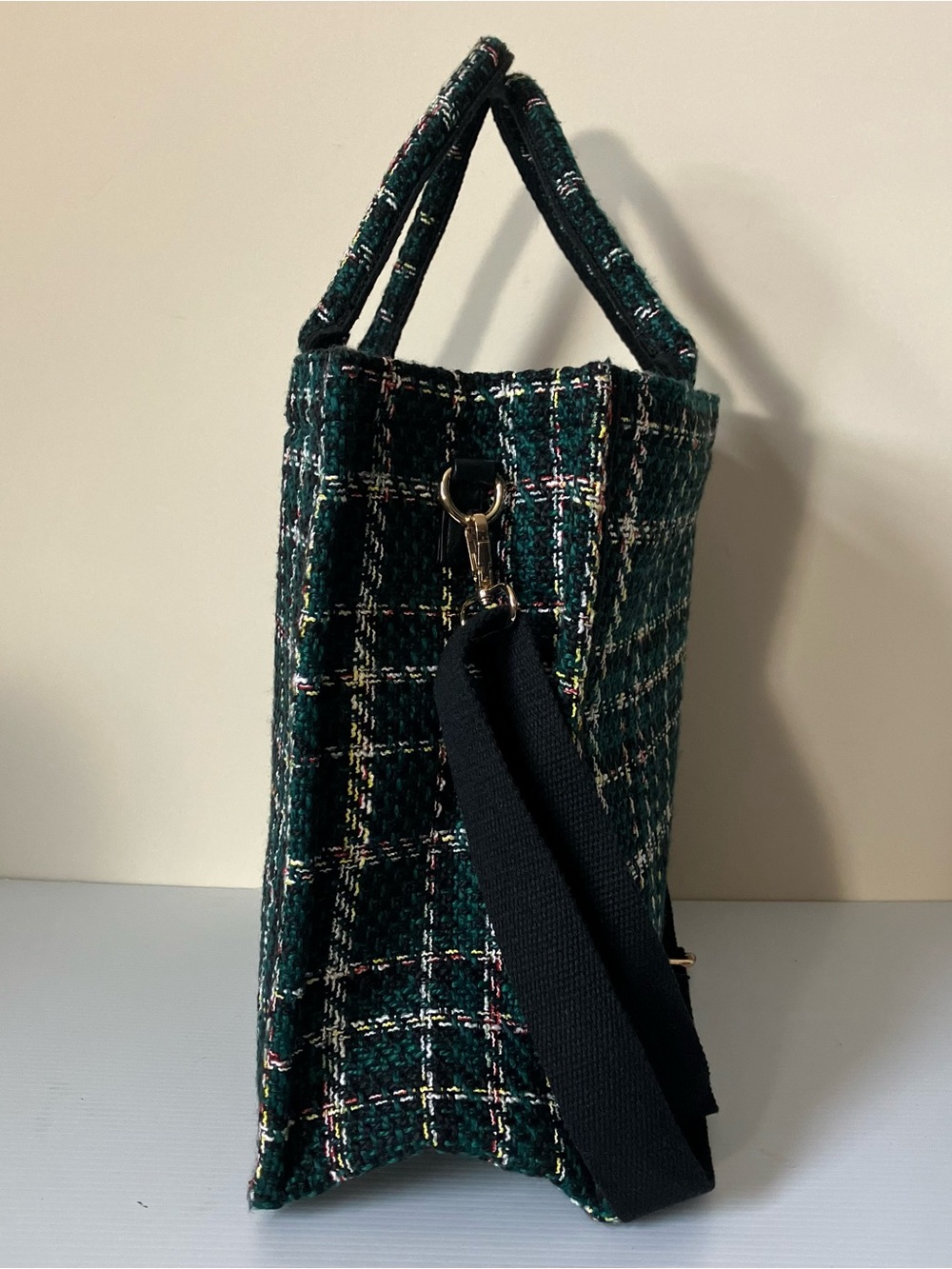 Urban Expressions Tweed Plaid Tote Bag Green Structured Carryall - Picture 5 of 9